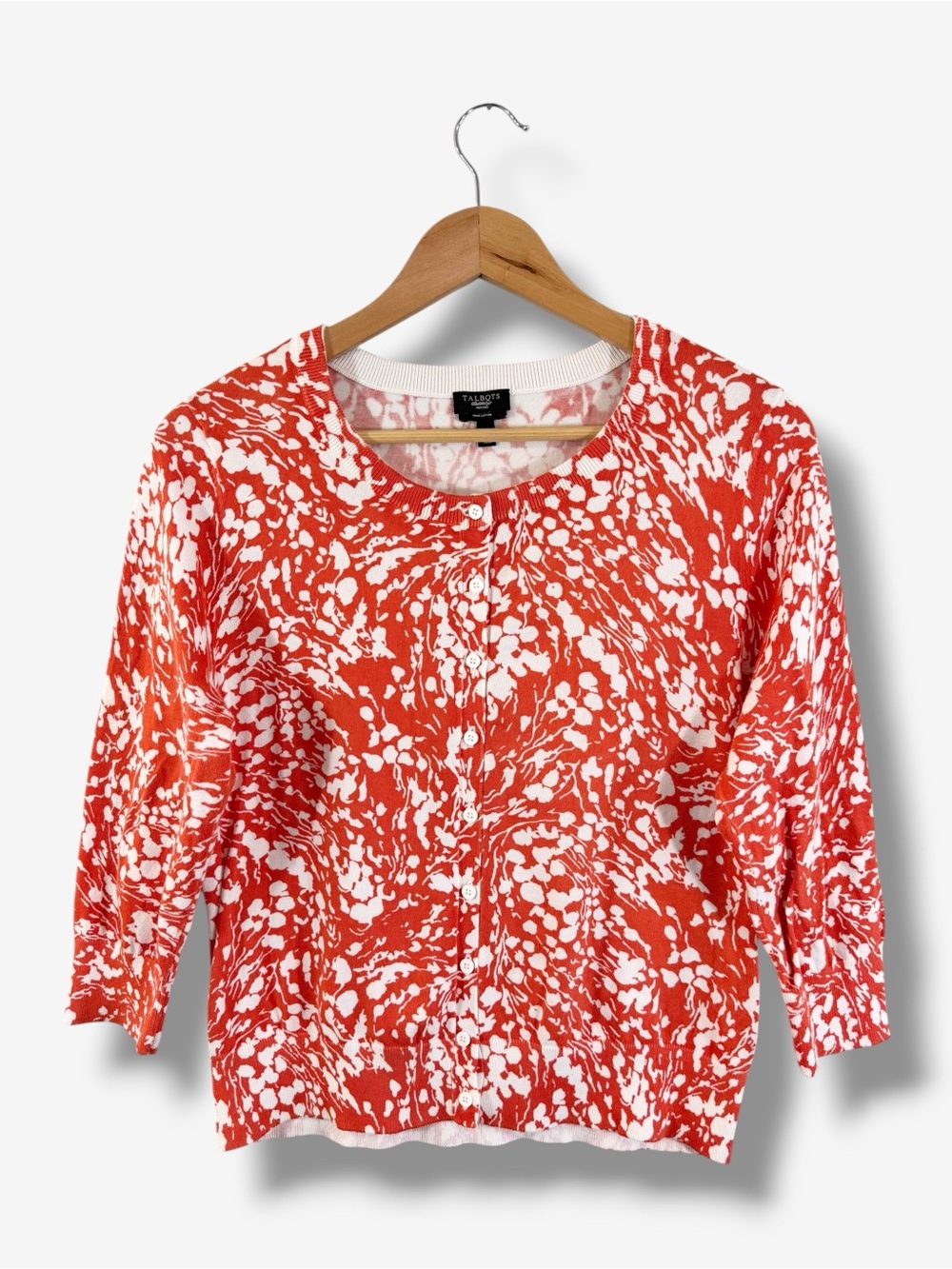 Talbots Orange Cardigan LP Pima Cotton Floral Print 3/4 Sleeve Preppy Casual